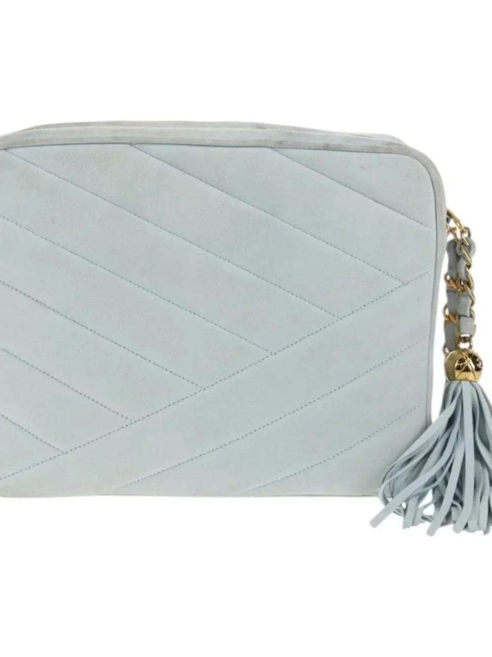 CHANEL Bias Stitch Chain Shoulder Bag Suede Light Blue Gold CC Auth 139935V
